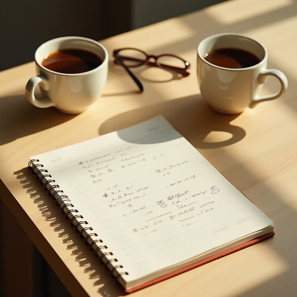 Primer plano de dos tazas de café y una libreta abierta con cifras anotadas sobre una mesa de madera clara