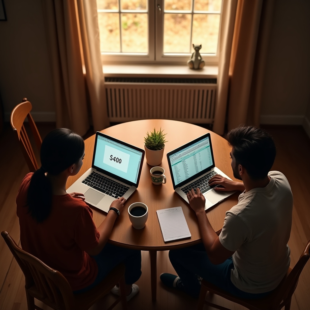 Dos personas trabajando en portátiles distintos en una misma mesa, representando diferencias de ingresos en pareja