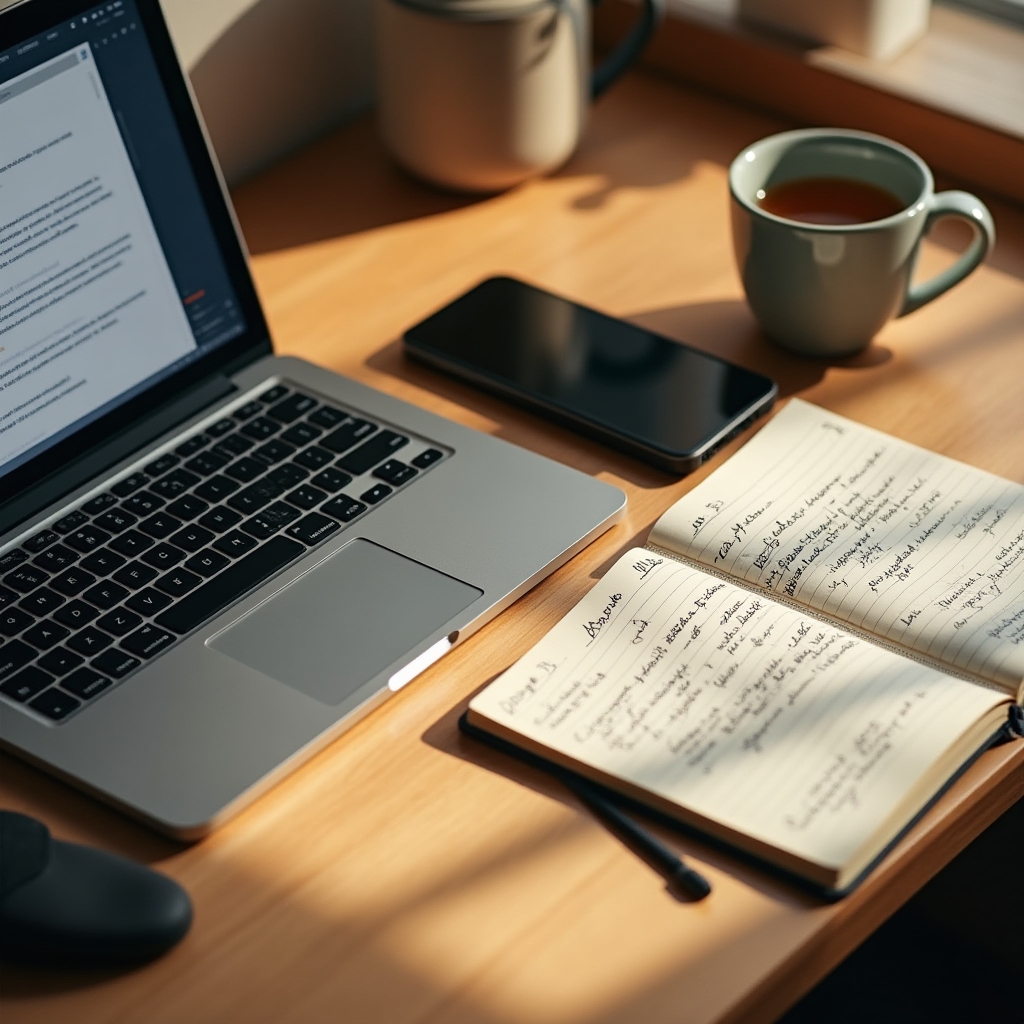 Vista aérea de una mesa de trabajo editorial con libretas, un ordenador portátil y una taza de café