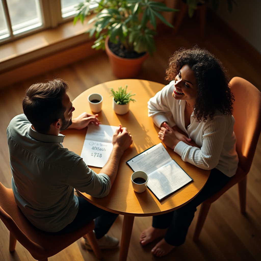 Vista aérea de una pareja conversando con calma frente a una mesa con notas y una taza de café