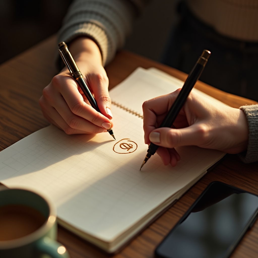Primer plano de dos manos escribiendo cifras en una libreta compartida durante una conversación
