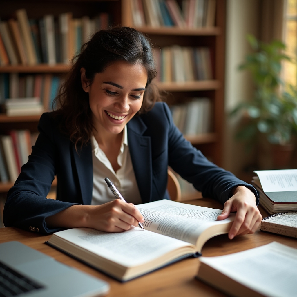 Vista aérea de una mesa de estudio con libros de psicología del comportamiento y notas manuscritas
