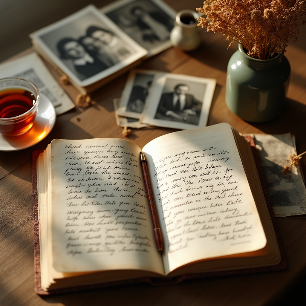 Vista aérea de una libreta abierta junto a fotografías familiares antiguas y una taza de té sobre una mesa